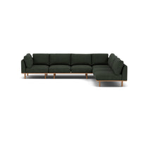Anika Modular 6-Seater Corner Sofa with Chaise in Olive Green Fabric with Solid American Oak