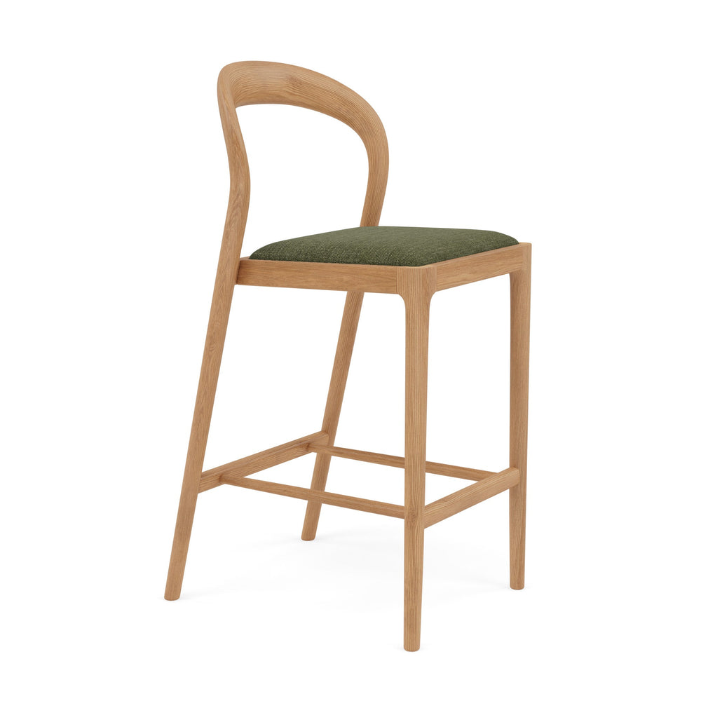 Sara Solid American Oak Bar Stool  -  Aloe Green Performance Fabric