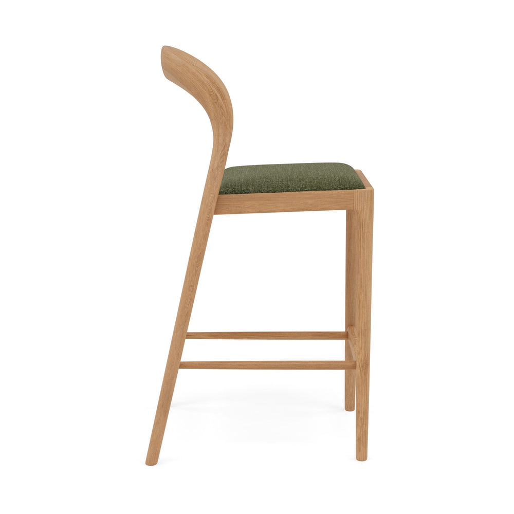 Sara Solid American Oak Bar Stool  -  Aloe Green Performance Fabric