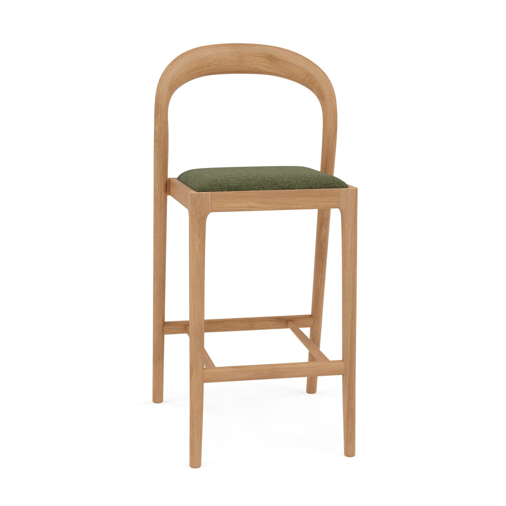 Sara Solid American Oak Bar Stool  -  Aloe Green Performance Fabric