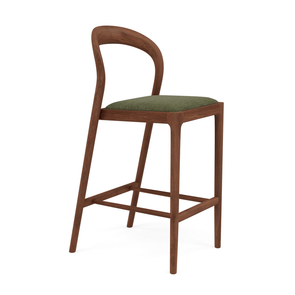 Sara Solid American Walnut Bar Stool  -  Aloe Green Performance Fabric