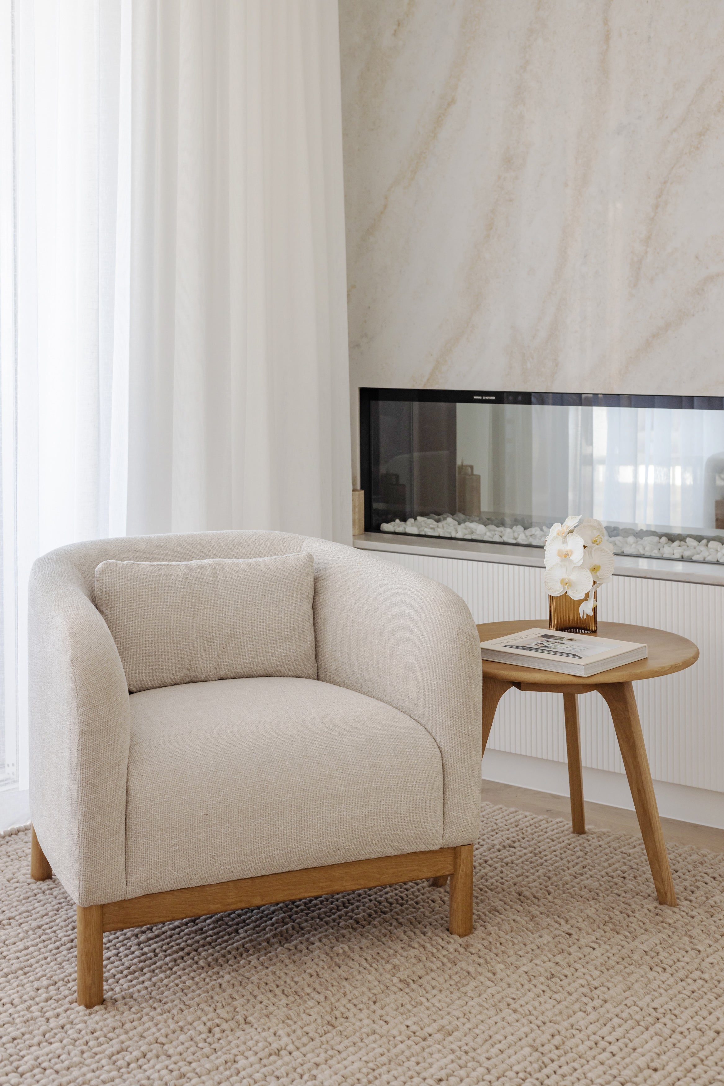 Hink Armchair - Ivory Beige Fabric with Solid American Oak