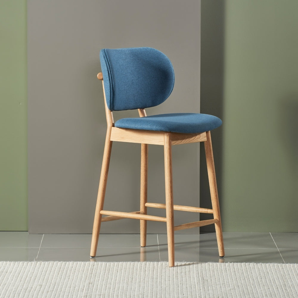 Olivia Solid Oak Bar Stool with Denim Blue Fabric Seat