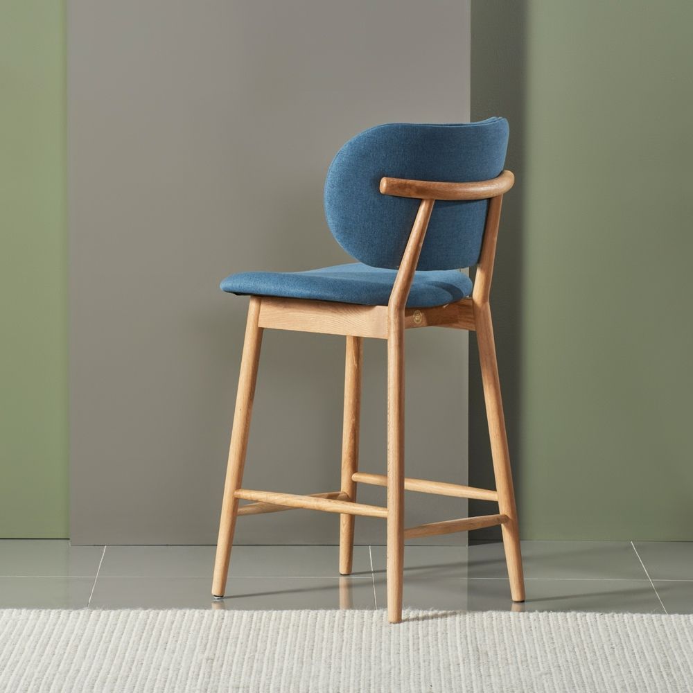 Olivia Solid Oak Bar Stool with Denim Blue Fabric Seat