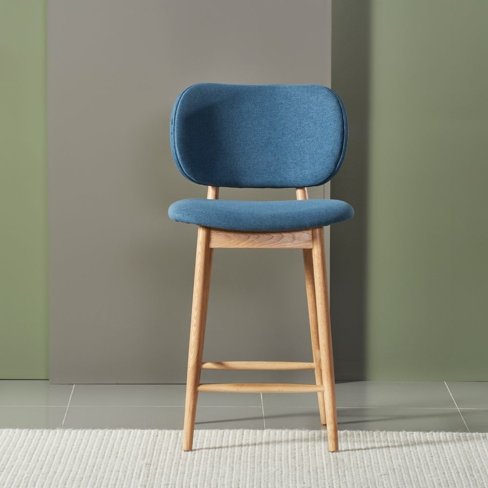 Olivia Solid Oak Bar Stool with Denim Blue Fabric Seat