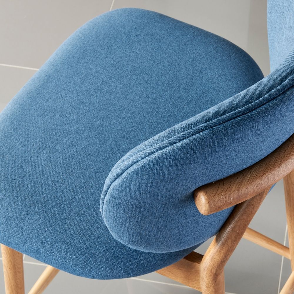 Olivia Solid Oak Bar Stool with Denim Blue Fabric Seat