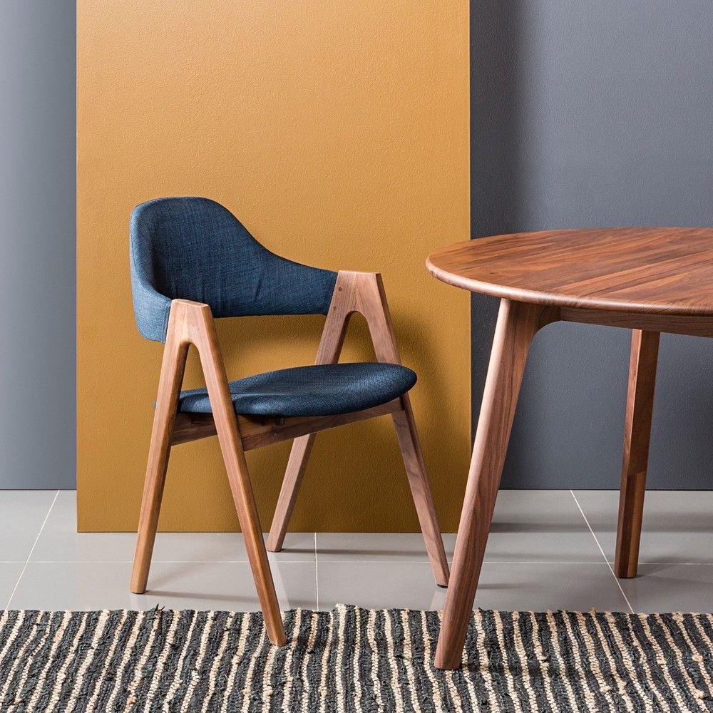 Nestor Solid Walnut Dining Chair - Midnight Blue Fabric