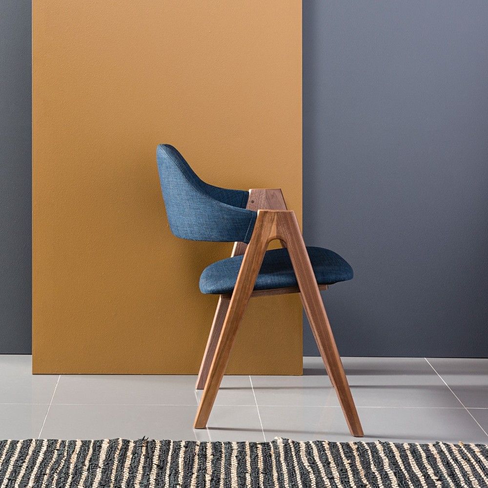 Nestor Solid Walnut Dining Chair - Midnight Blue Fabric