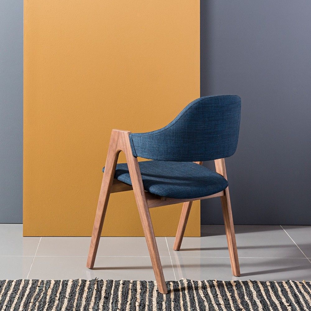 Nestor Solid Walnut Dining Chair - Midnight Blue Fabric