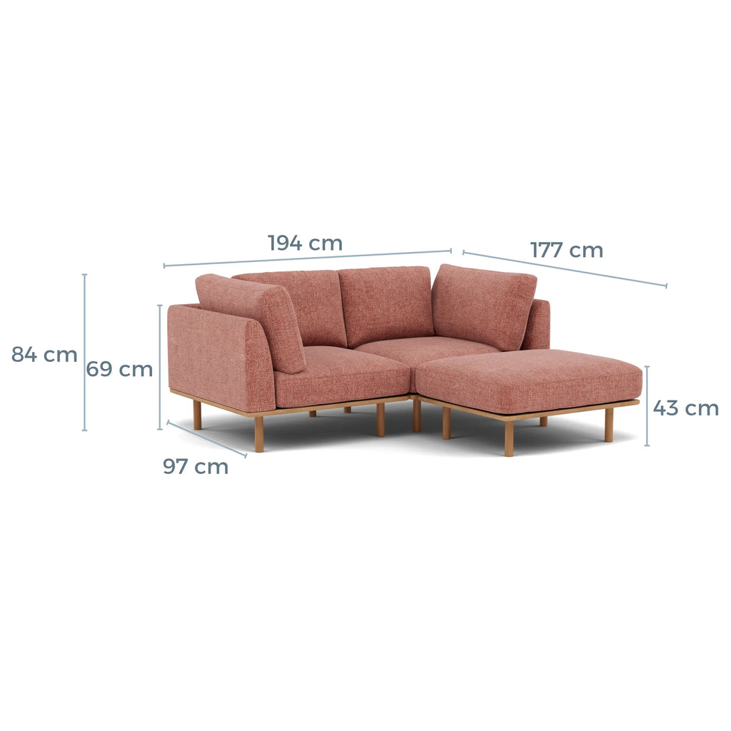 Anika Modular Sofa 2-Seater Chaise Clay Pink Fabric Solid American Oak