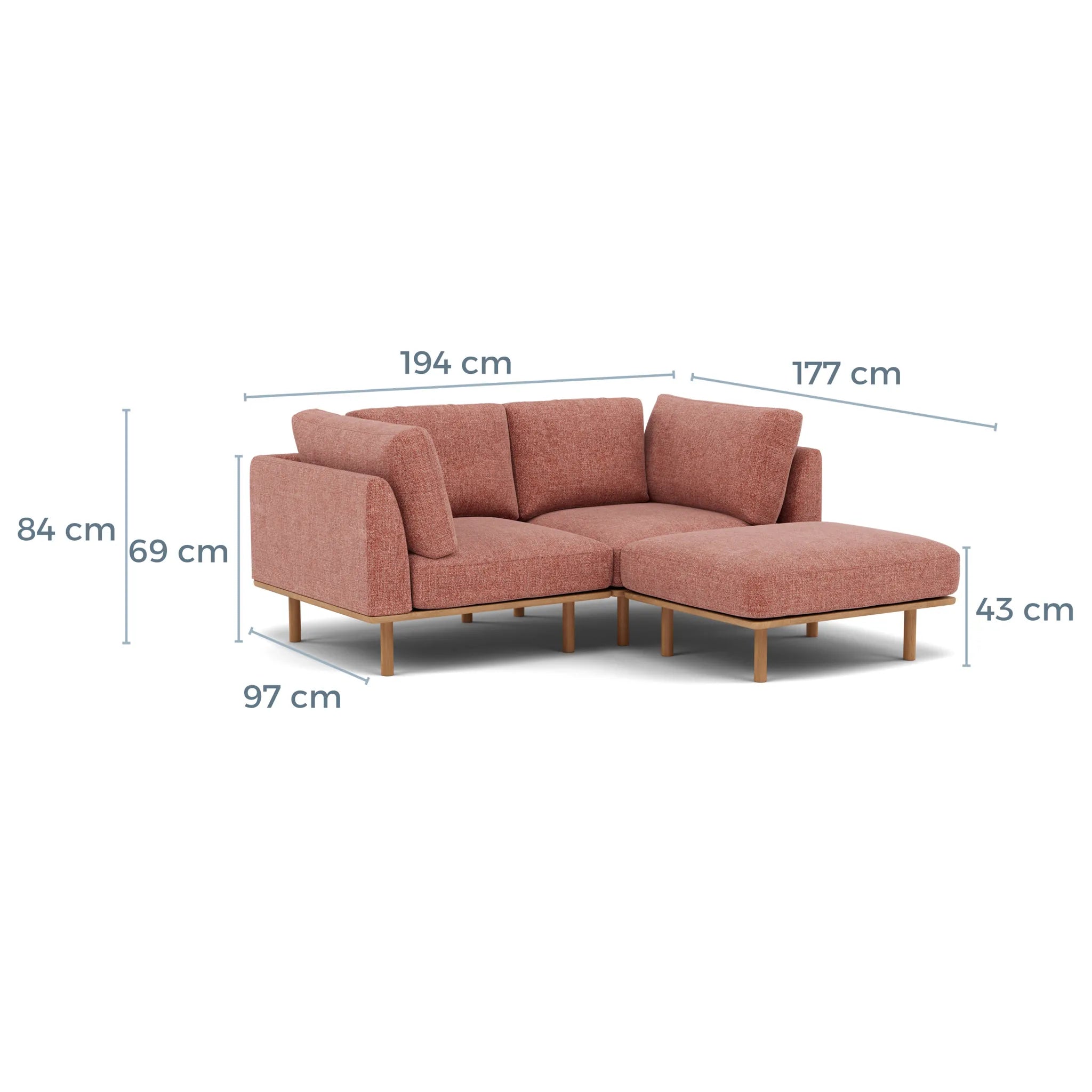 Anika Modular Sofa 2-Seater Chaise Clay Pink Fabric Solid American Oak