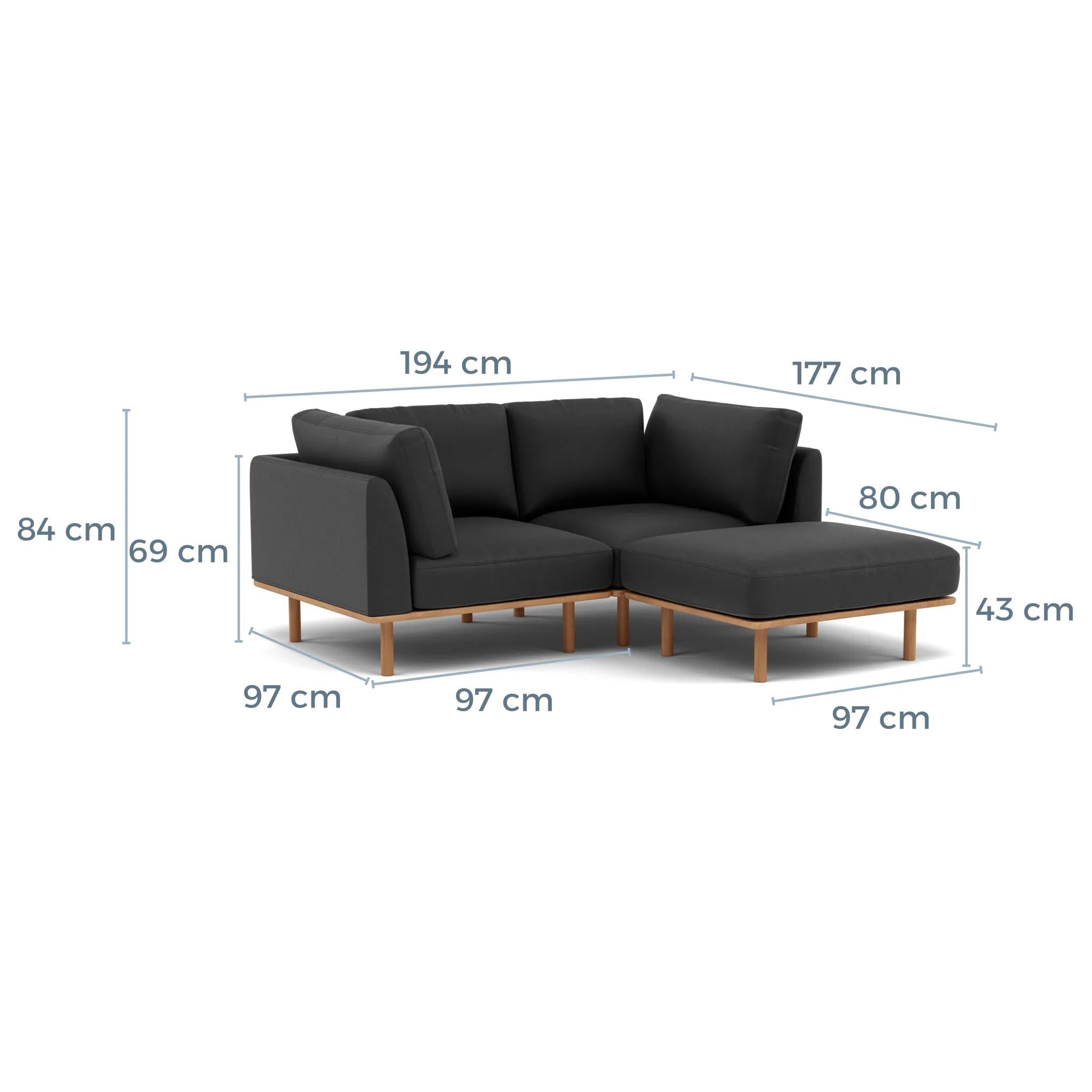Anika Modular Sofa 2-Seater Chaise Coal Grey Fabric Solid American Oak