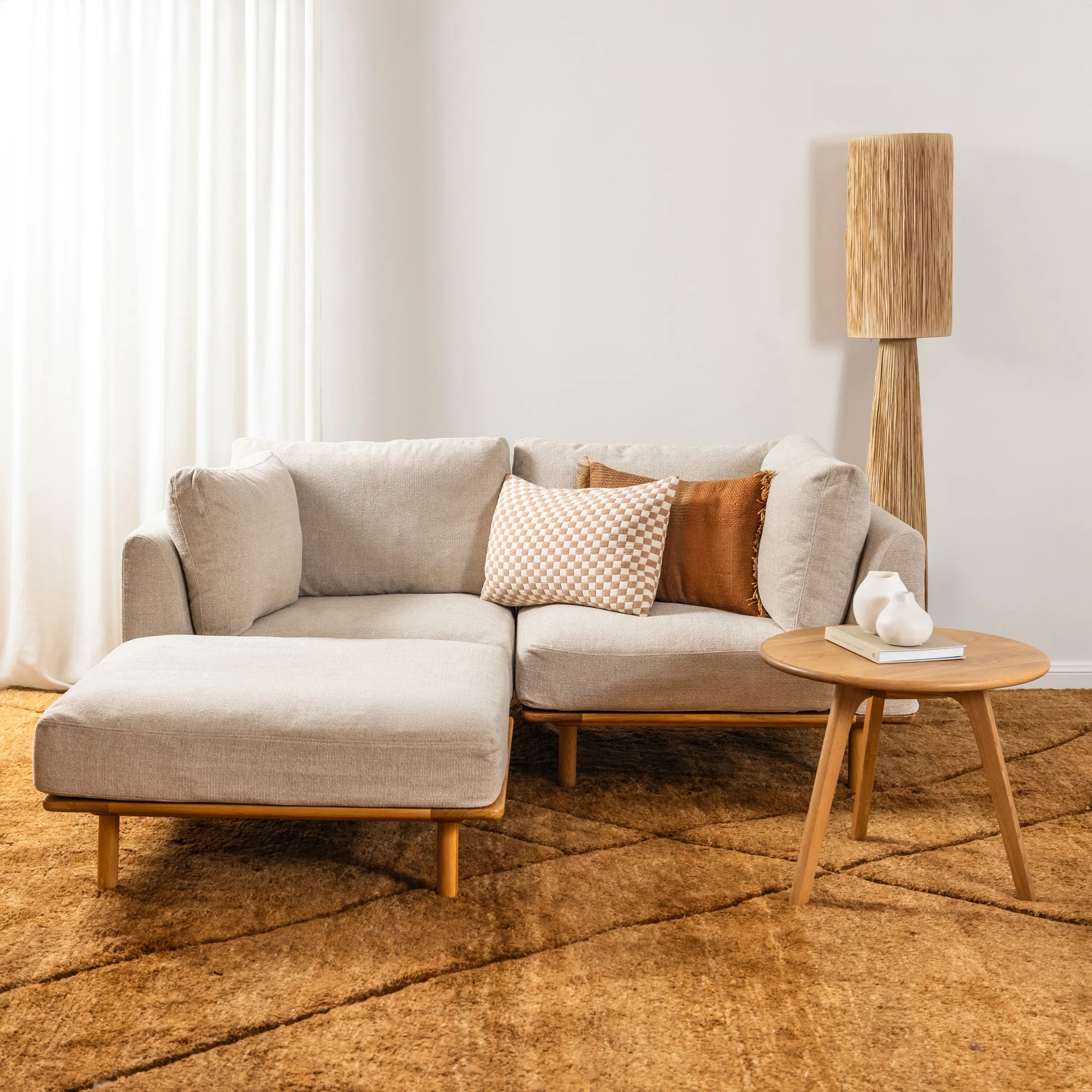 Anika Modular Sofa 2-Seater Chaise Ivory Beige Fabric Solid American Oak