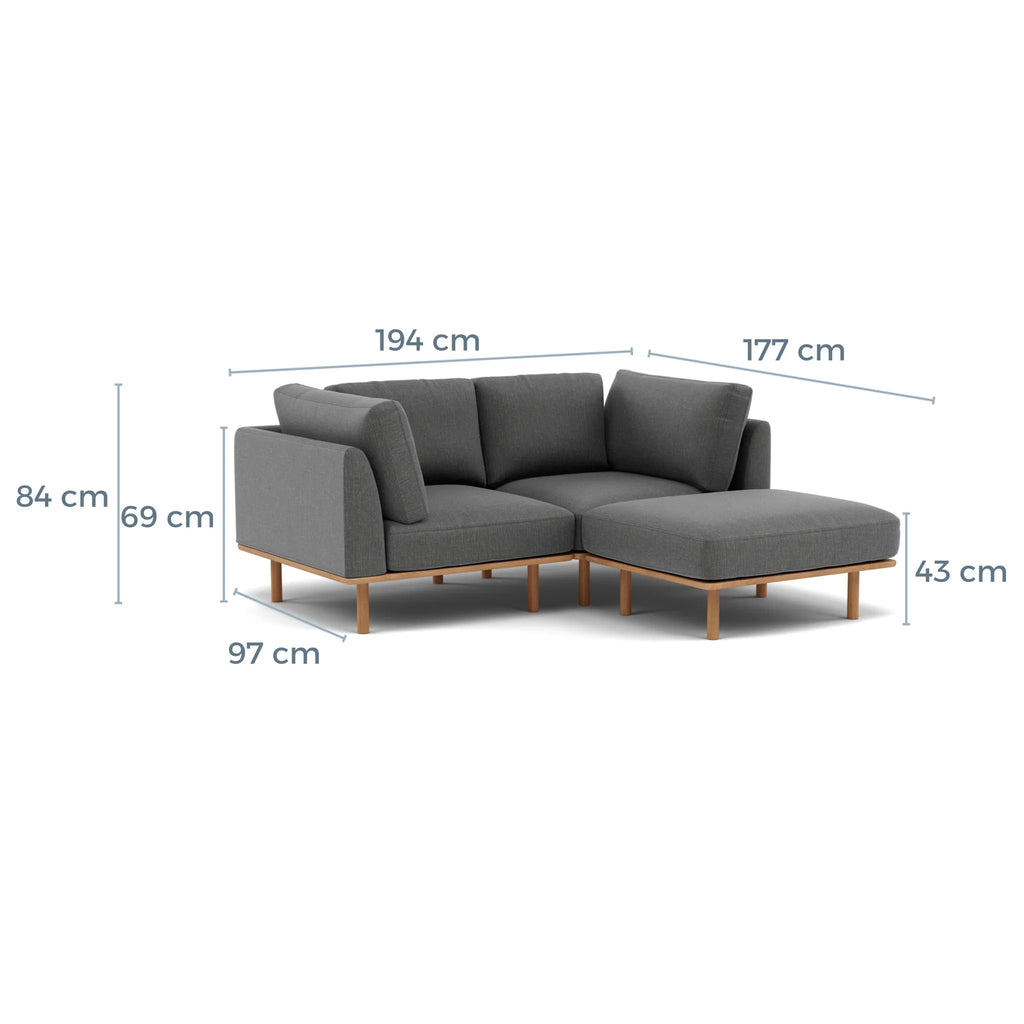 Anika Modular Sofa 2-Seater Chaise Steel Grey Fabric Solid American Oak