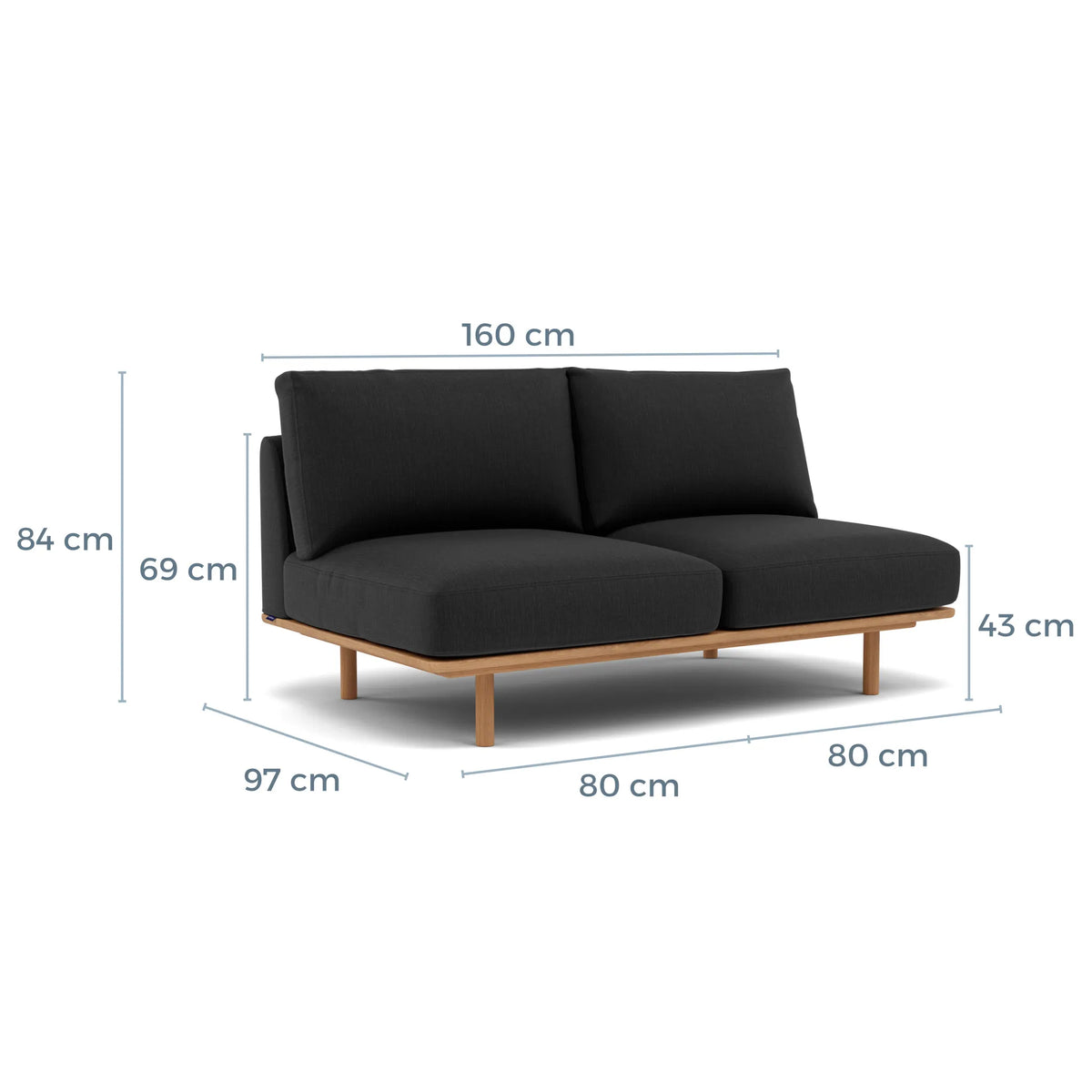 Anika Modular Sofa 2-Seater Component Coal Grey Fabric Solid American Oak