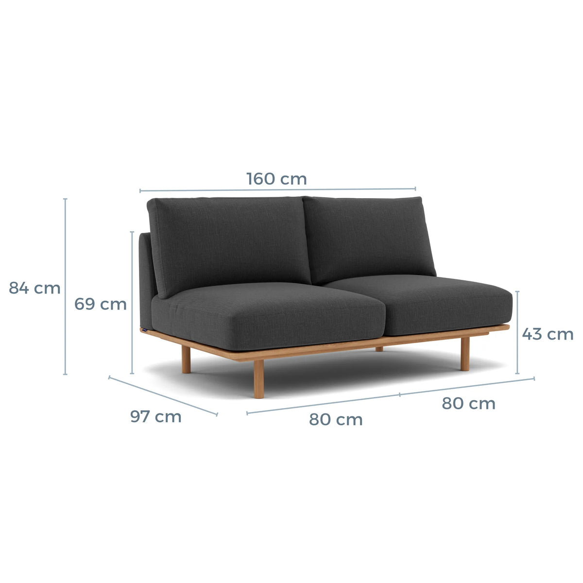 Anika Modular Sofa 2-Seater Component Steel Grey Fabric Solid American Oak