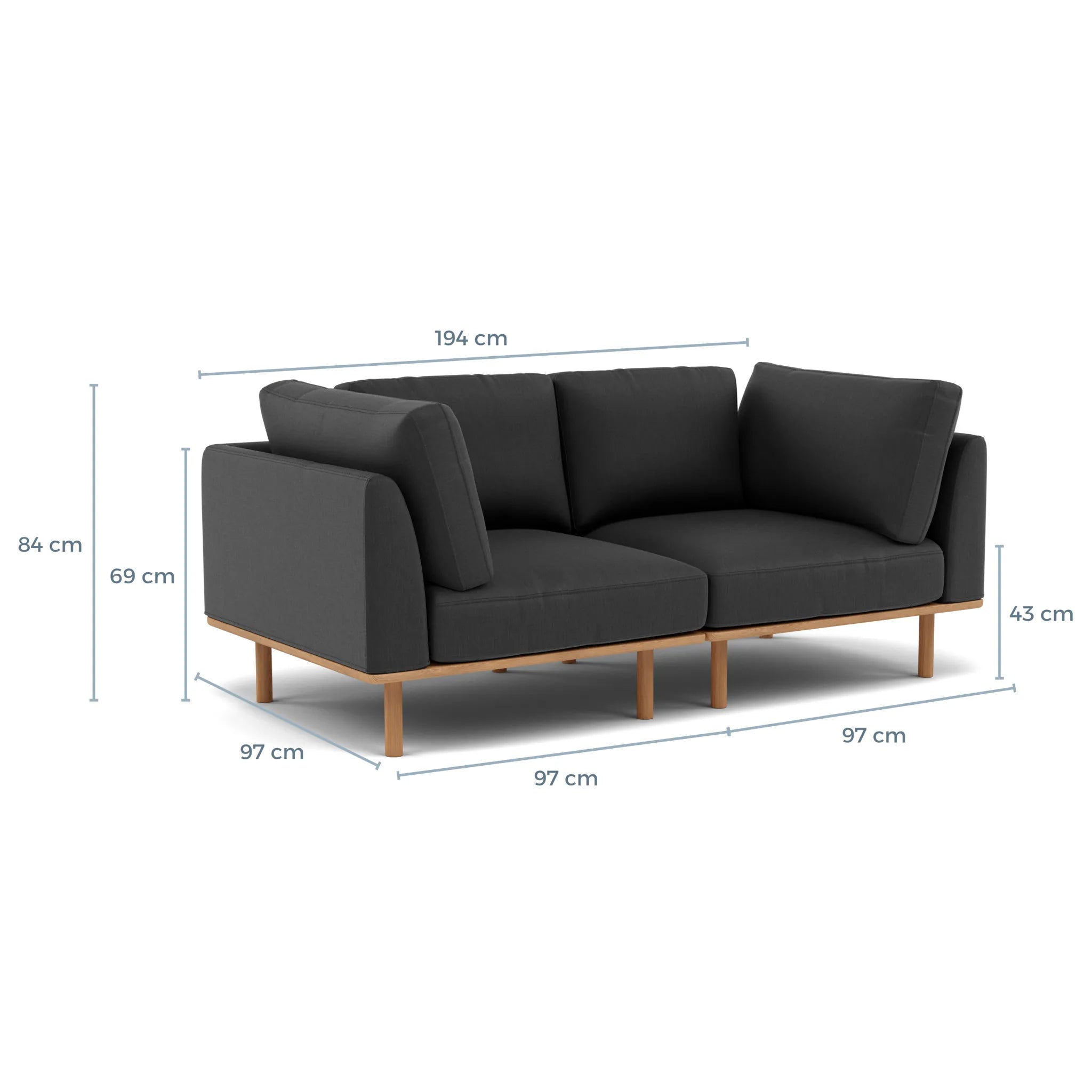 Anika Modular Sofa 2-Seater Coal Grey Fabric Solid American Oak