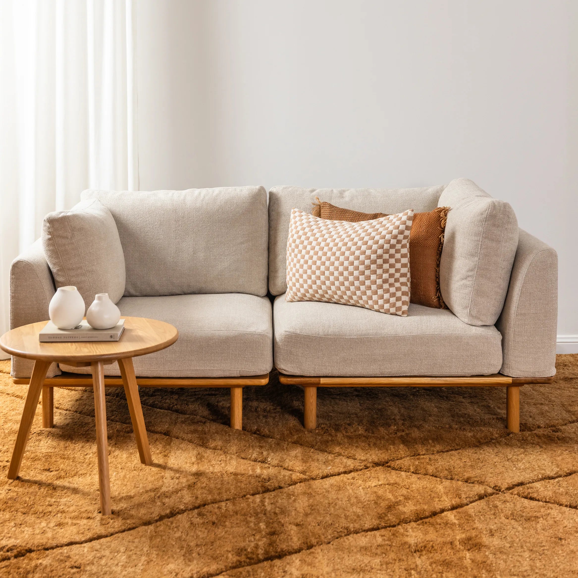 Anika Modular Sofa 2-Seater Ivory Beige Fabric Solid American Oak