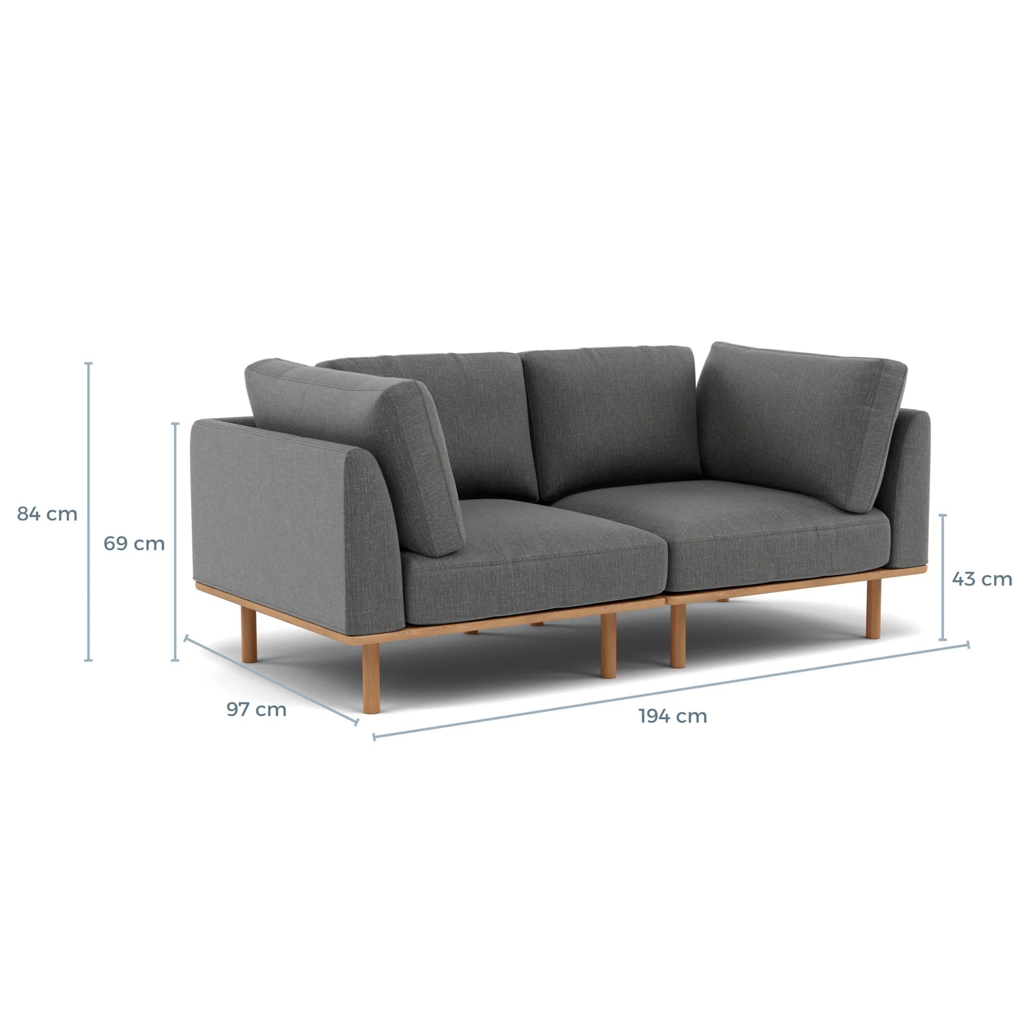Anika Modular Sofa 2-Seater Steel Grey Fabric Solid American Oak