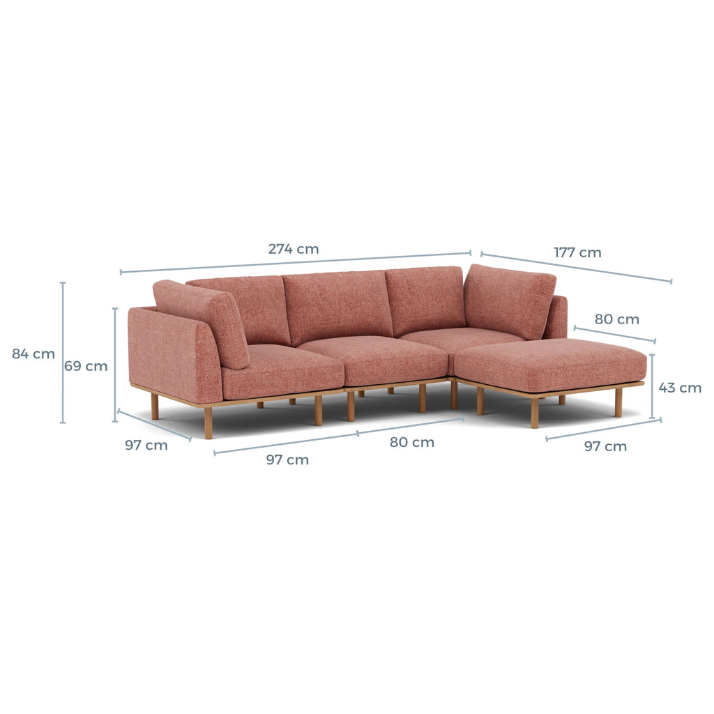 Anika Modular Sofa 3-Seater Chaise Clay Pink Fabric Solid American Oak