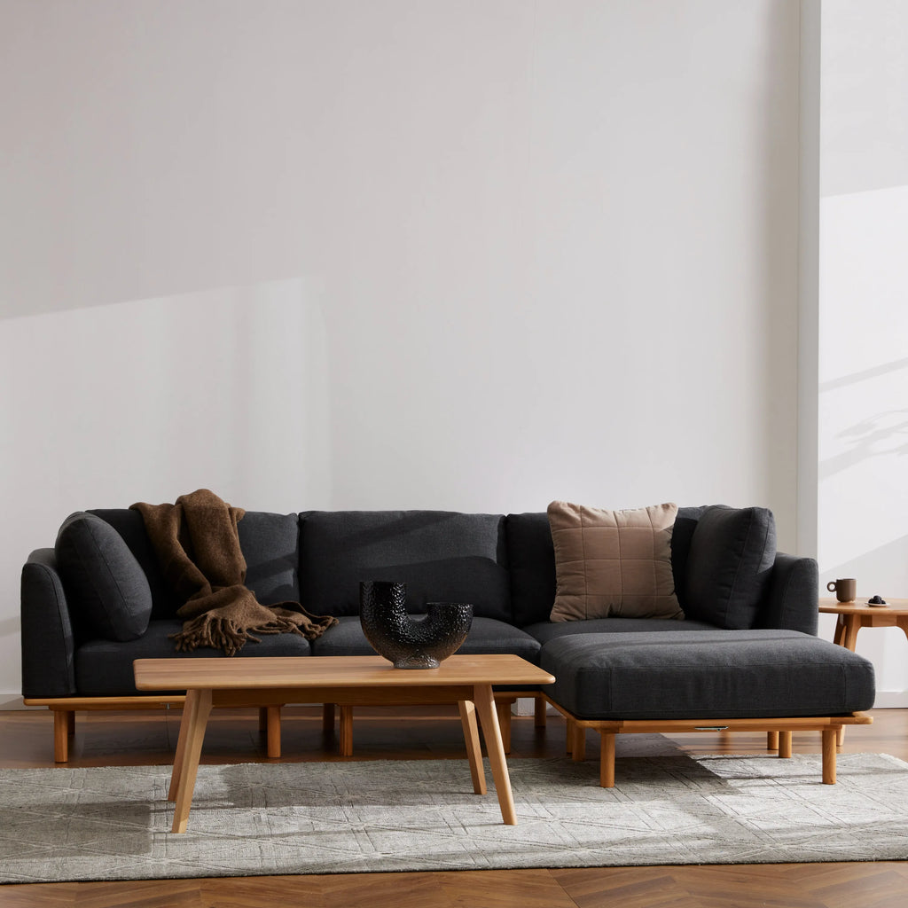 Anika Modular Sofa 3-Seater Chaise Coal Grey Fabric Solid American Oak