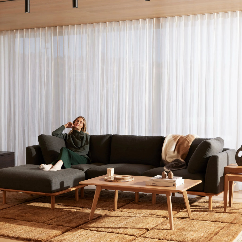 Anika Modular Sofa 3-Seater Chaise Coal Grey Fabric Solid American Oak