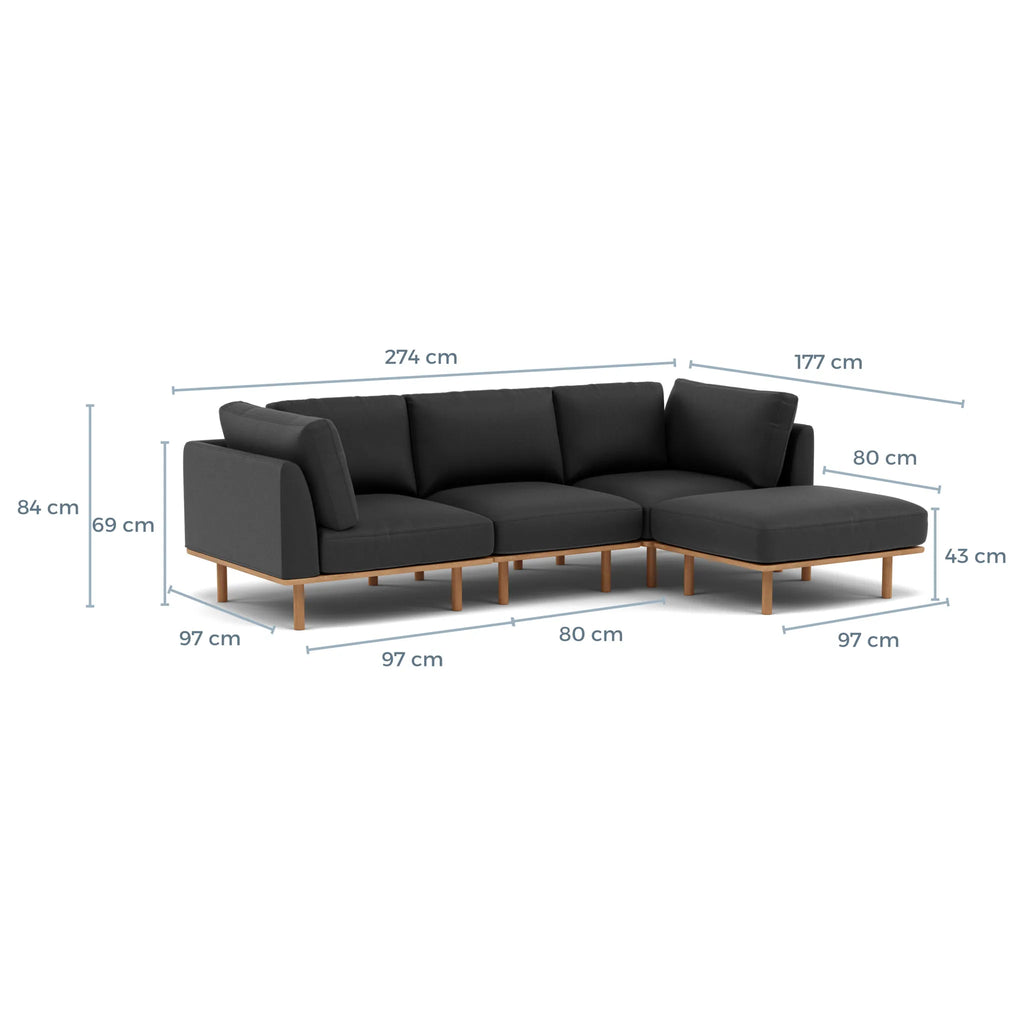 Anika Modular Sofa 3-Seater Chaise Coal Grey Fabric Solid American Oak