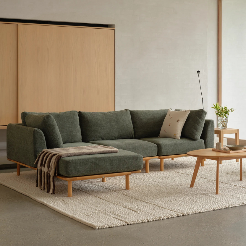 Anika Modular Sofa 3-Seater Chaise Olive Green Fabric Solid American Oak