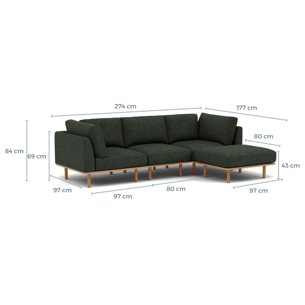 Anika Modular Sofa 3-Seater Chaise Olive Green Fabric Solid American Oak