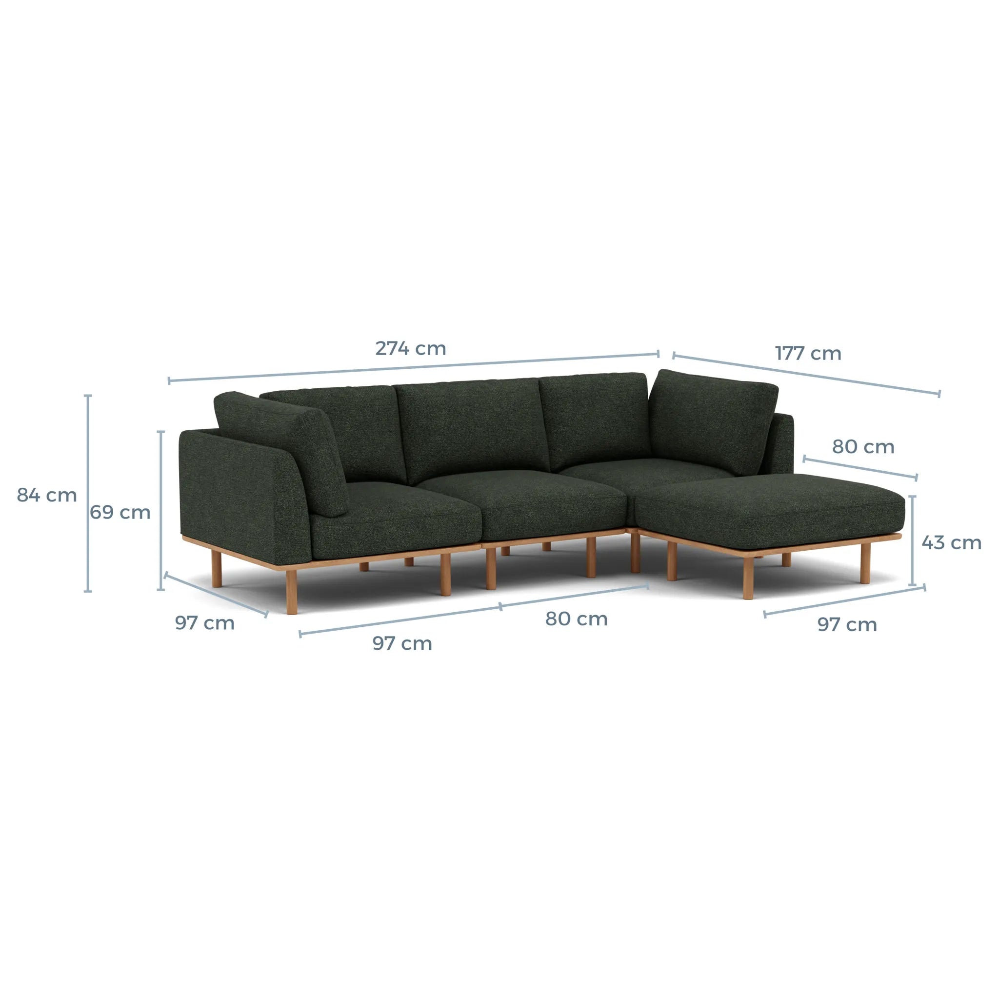 Anika Modular Sofa 3-Seater Chaise Olive Green Fabric Solid American Oak