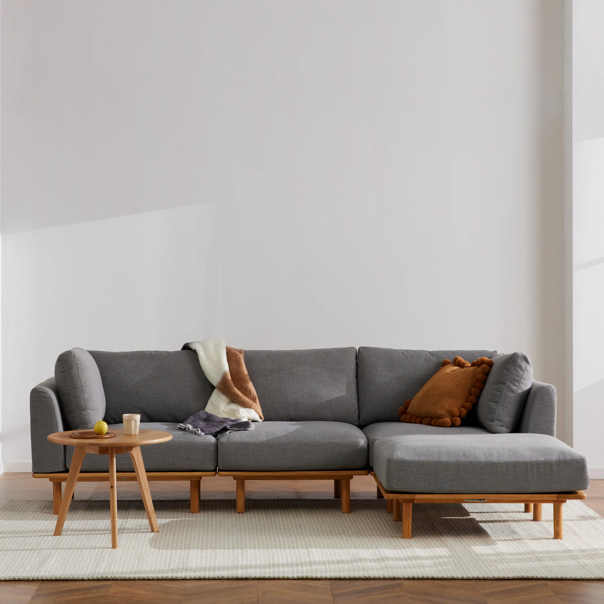Anika Modular Sofa 3-Seater Chaise Steel Grey Fabric Solid American Oak