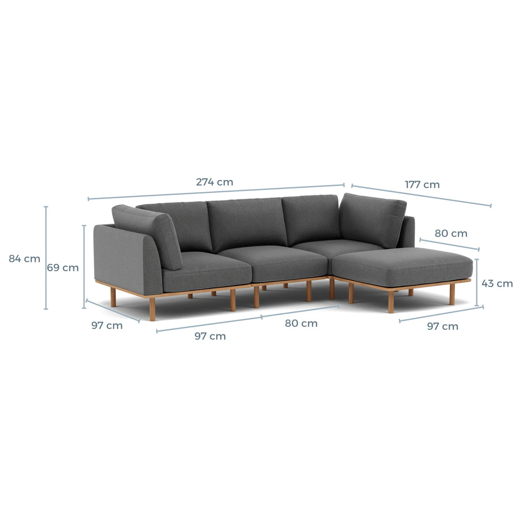 Anika Modular Sofa 3-Seater Chaise Steel Grey Fabric Solid American Oak