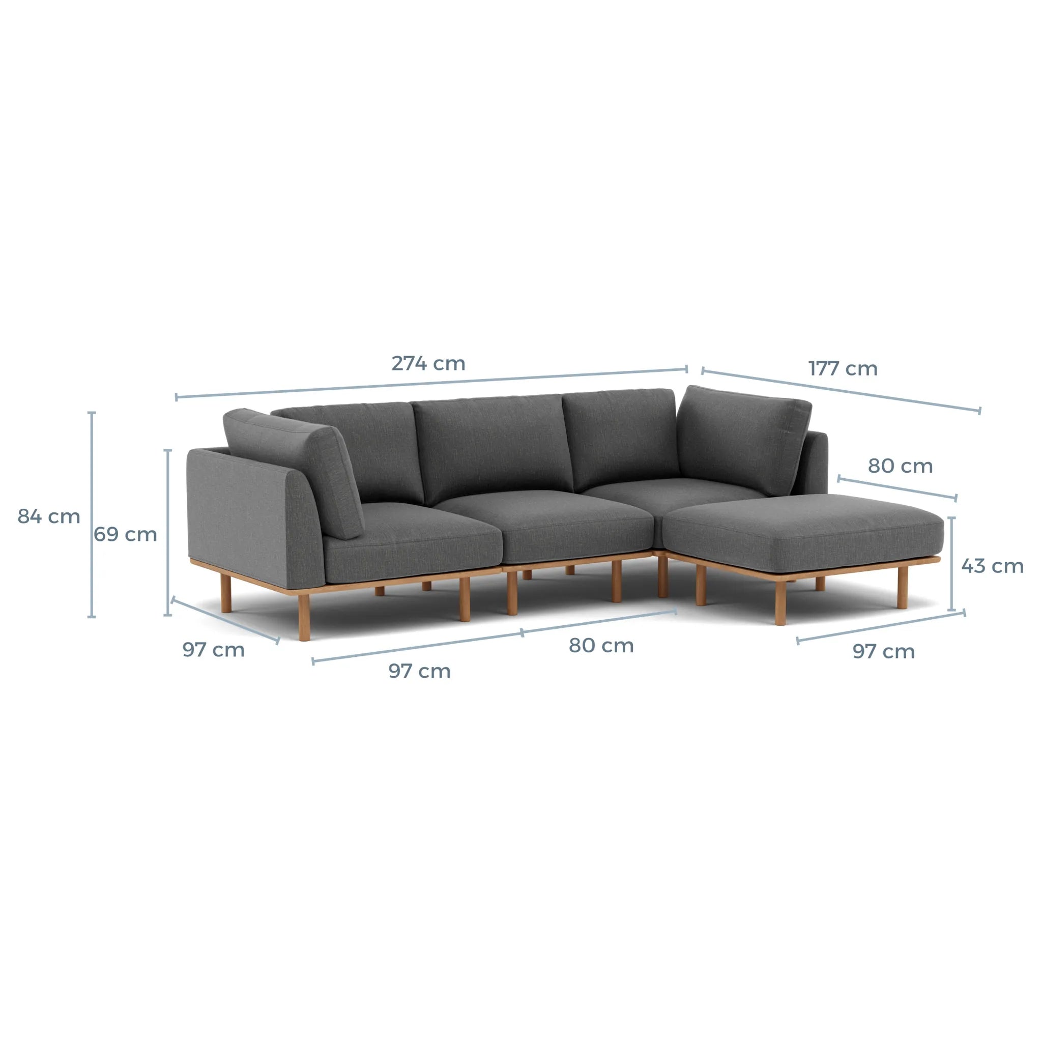 Anika Modular Sofa 3-Seater Chaise Steel Grey Fabric Solid American Oak