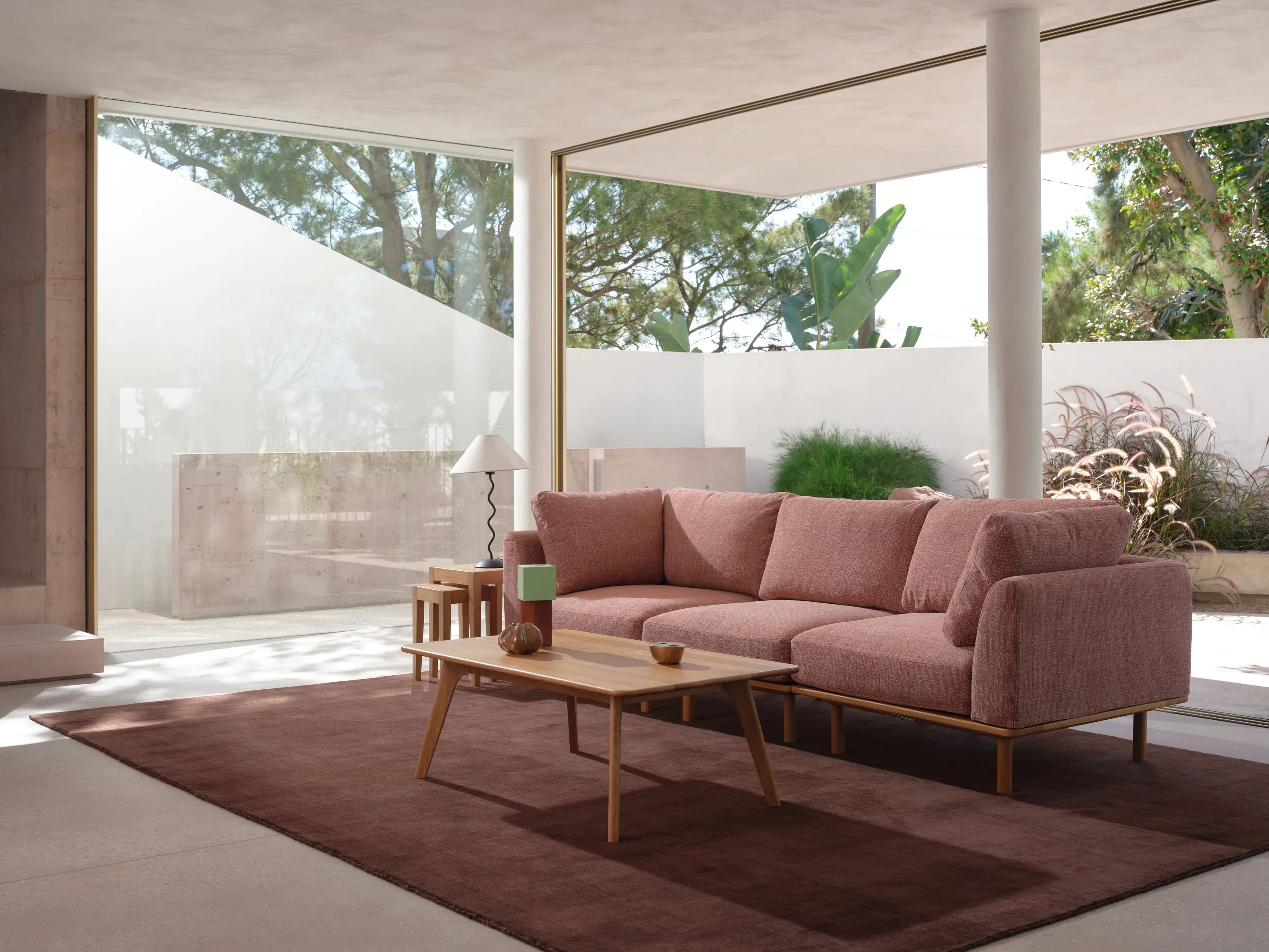 Anika Modular Sofa 3-Seater Clay Pink Fabric Solid American Oak