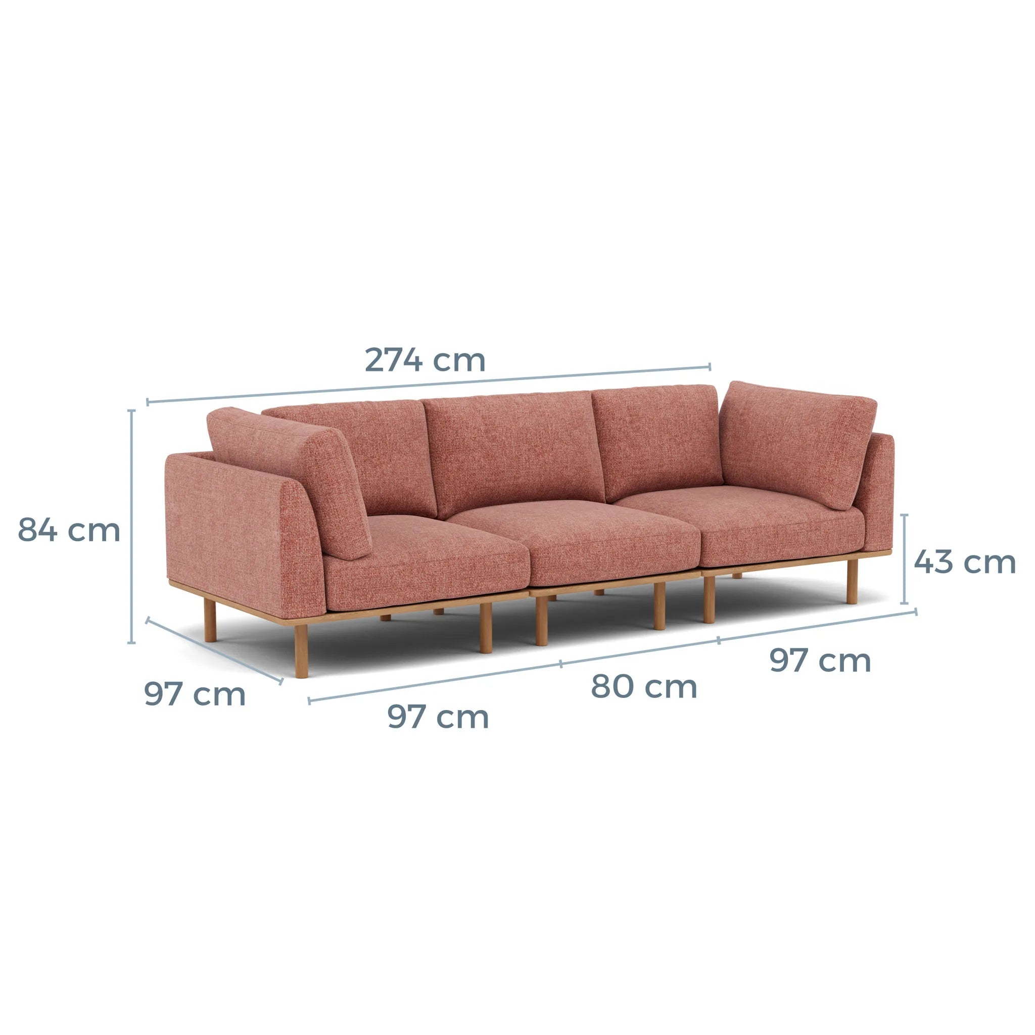 Anika Modular Sofa 3-Seater Clay Pink Fabric Solid American Oak