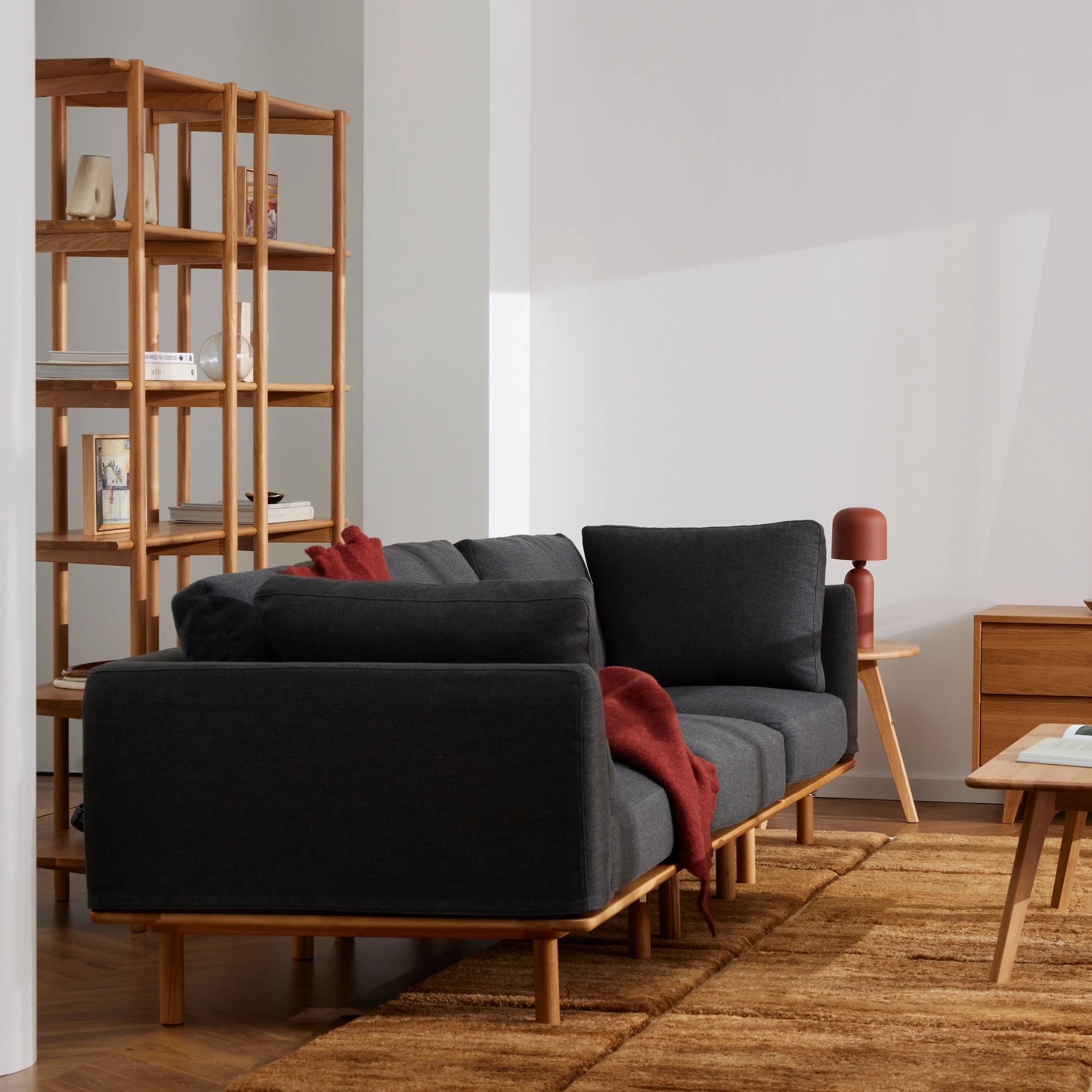 Anika Modular Sofa 3-Seater Coal Grey Fabric Solid American Oak