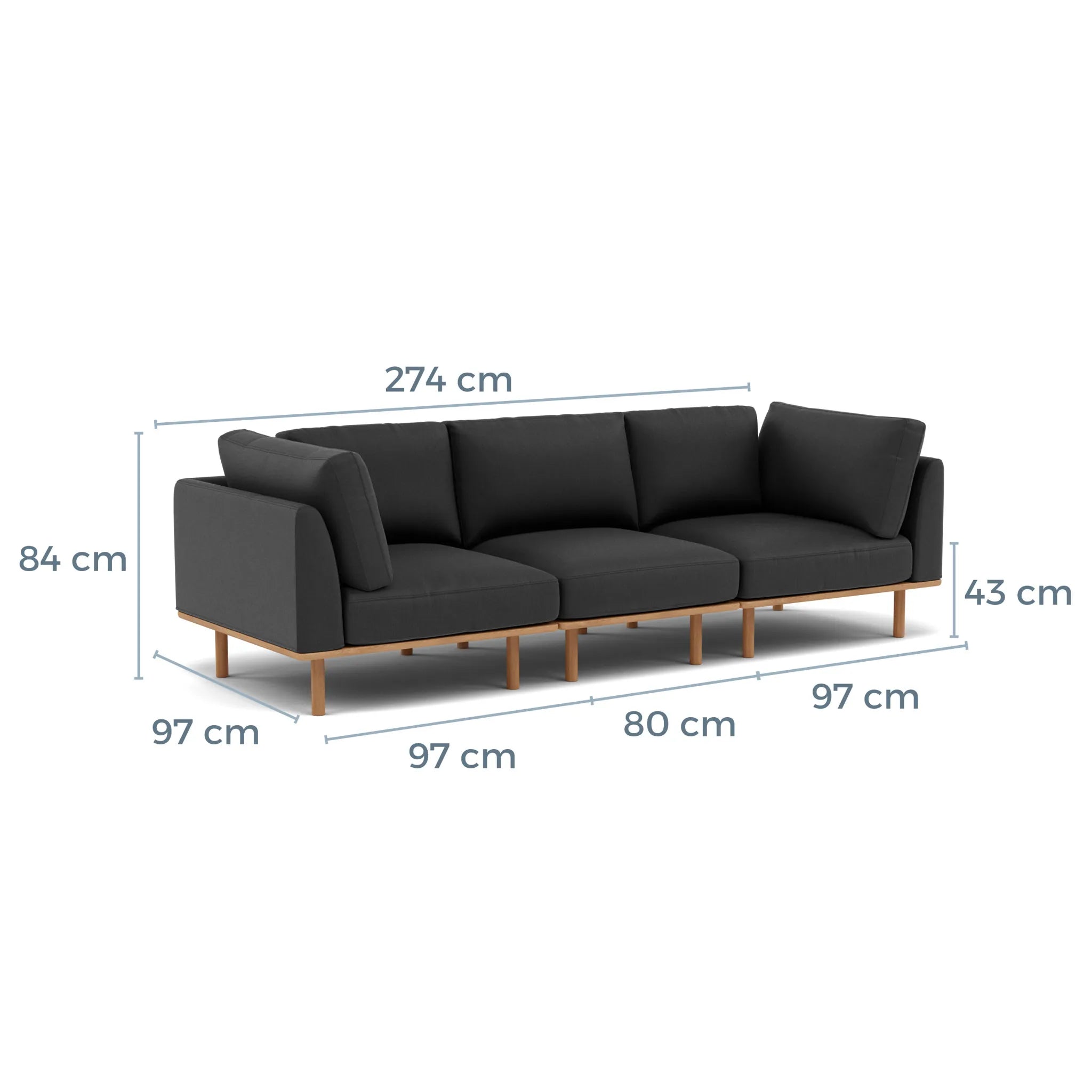Anika Modular Sofa 3-Seater Coal Grey Fabric Solid American Oak