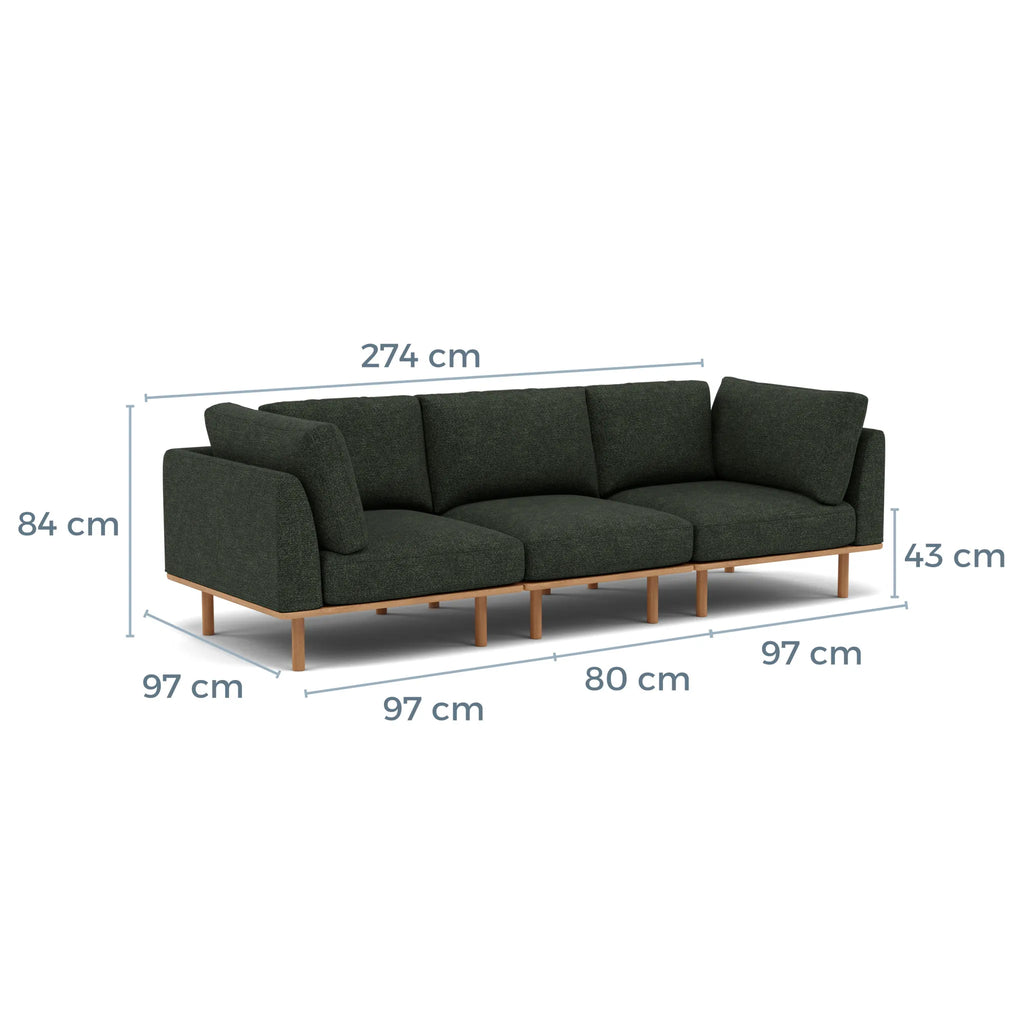 Anika Modular Sofa 3-Seater Olive Green Fabric Solid American Oak