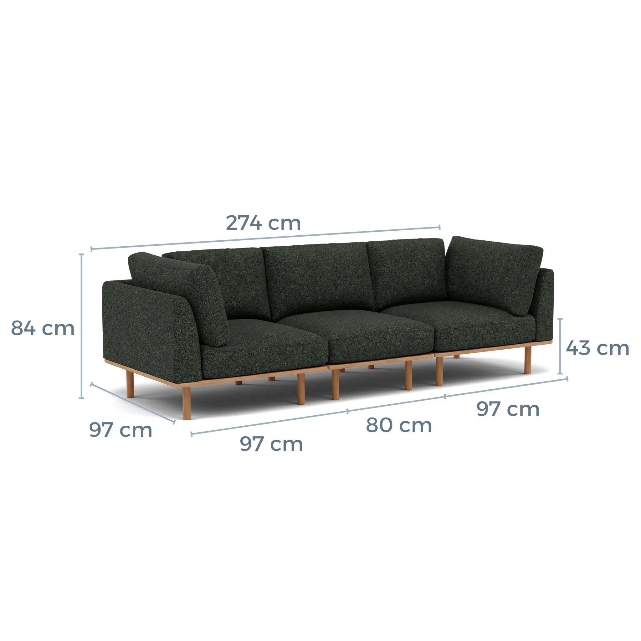 Anika Modular Sofa 3-Seater Olive Green Fabric Solid American Oak