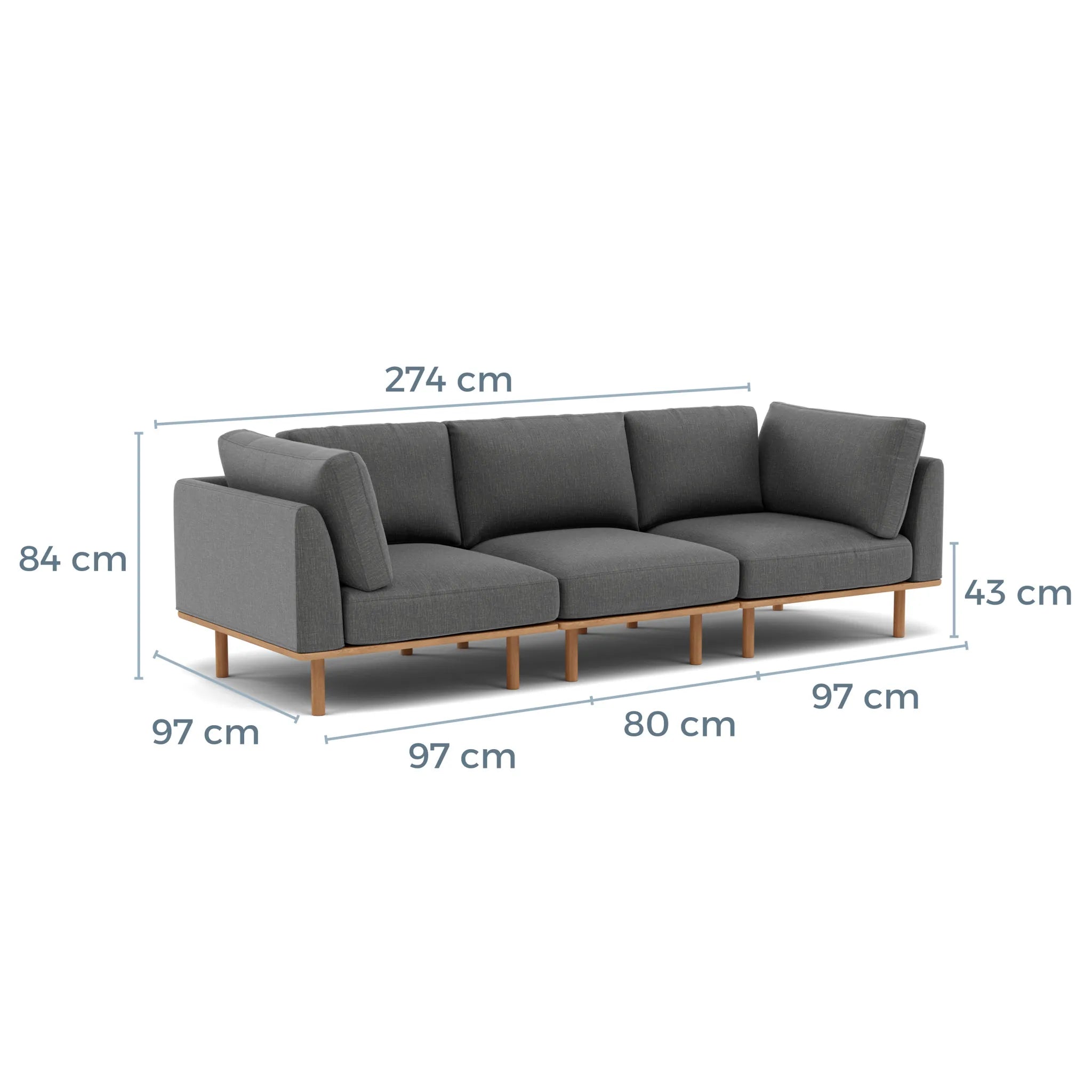 Anika Modular Sofa 3-Seater Steel Grey Fabric Solid American Oak