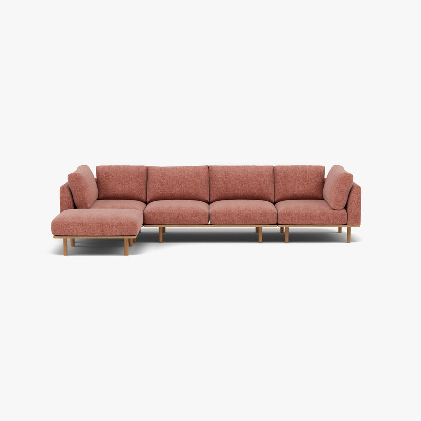 Anika Modular Sofa 4-Seater Chaise Clay Pink Fabric Solid American Oak