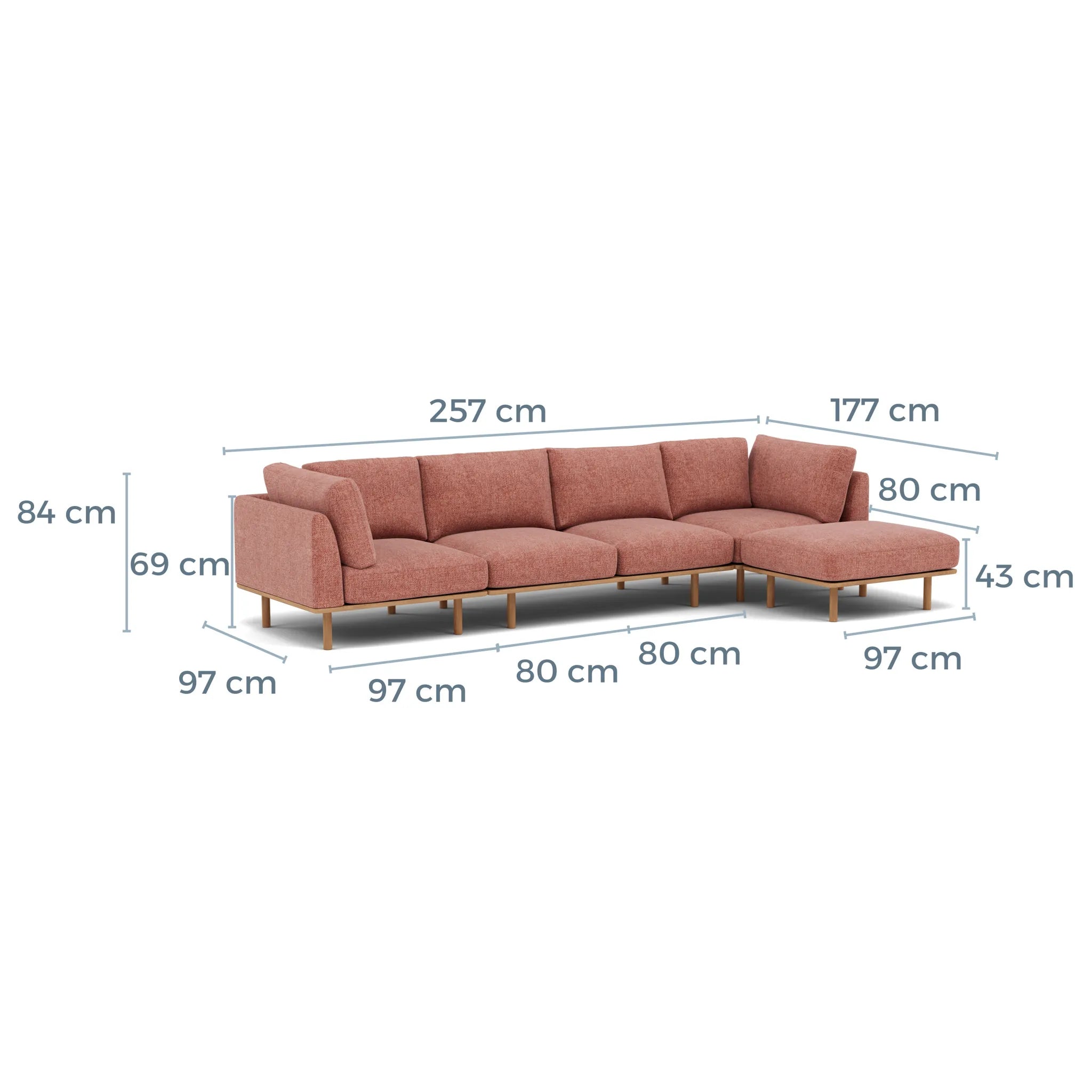 Anika Modular Sofa 4-Seater Chaise Clay Pink Fabric Solid American Oak
