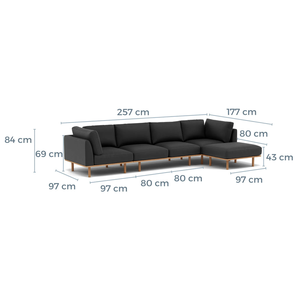 Anika Modular Sofa 4-Seater Chaise Coal Grey Fabric Solid American Oak