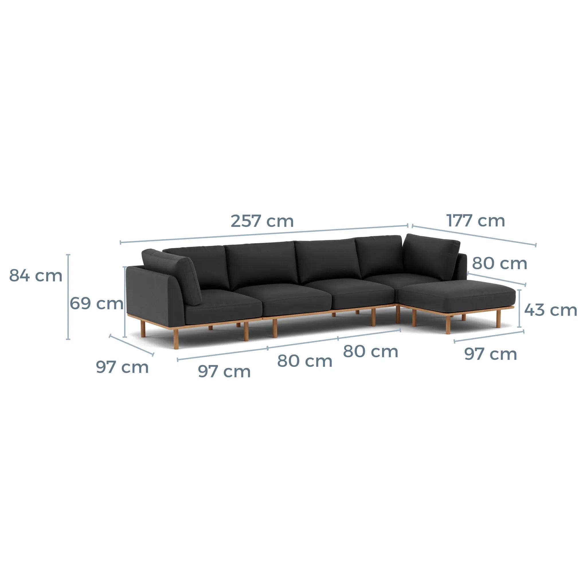 Anika Modular Sofa 4-Seater Chaise Coal Grey Fabric Solid American Oak