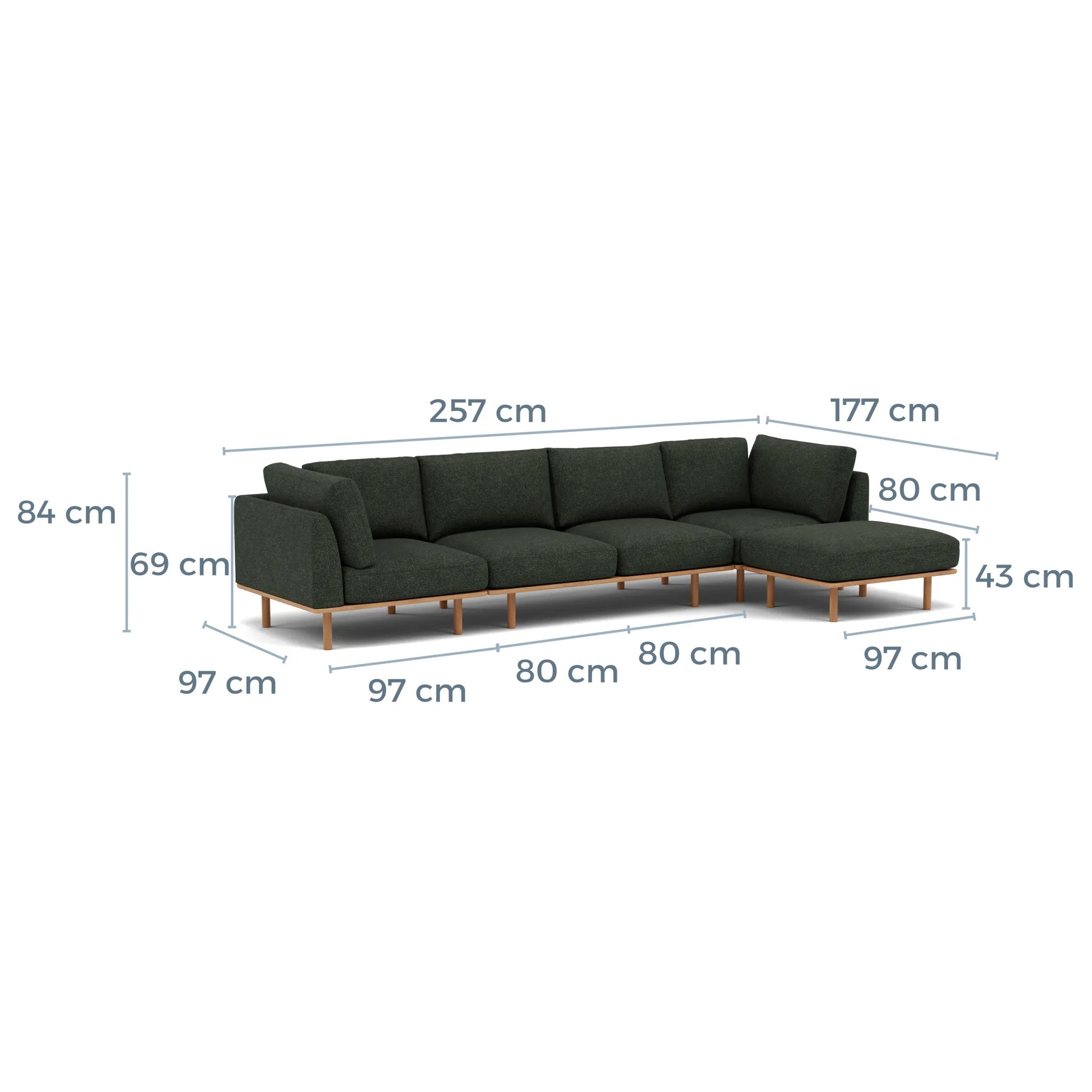 Anika Modular Sofa 4-Seater Chaise Olive Green Fabric Solid American Oak