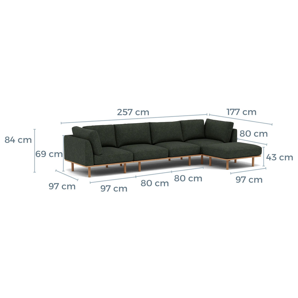 Anika Modular Sofa 4-Seater Chaise Olive Green Fabric Solid American Oak