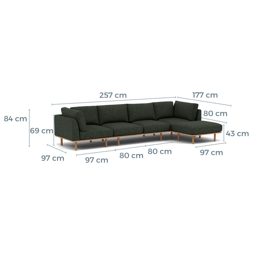 Anika Modular Sofa 4-Seater Chaise Olive Green Fabric Solid American Oak