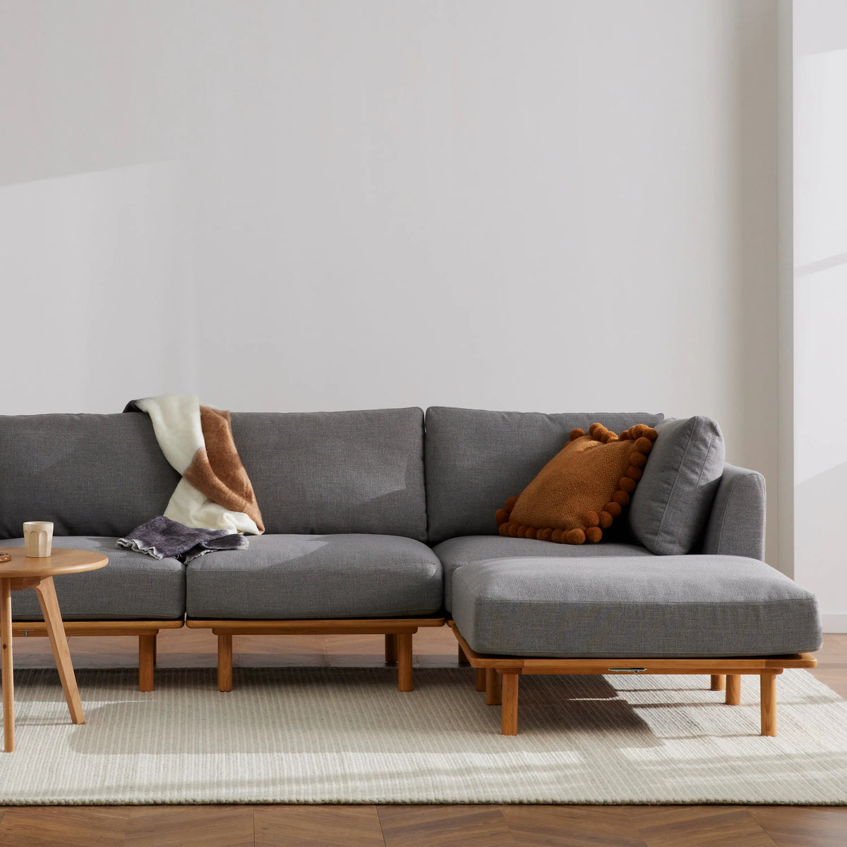 Anika Modular Sofa 4-Seater Chaise Steel Grey Fabric Solid American Oak