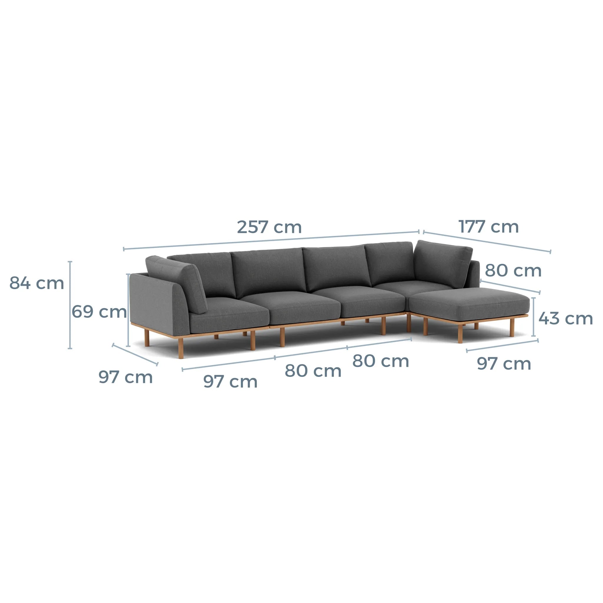 Anika Modular Sofa 4-Seater Chaise Steel Grey Fabric Solid American Oak
