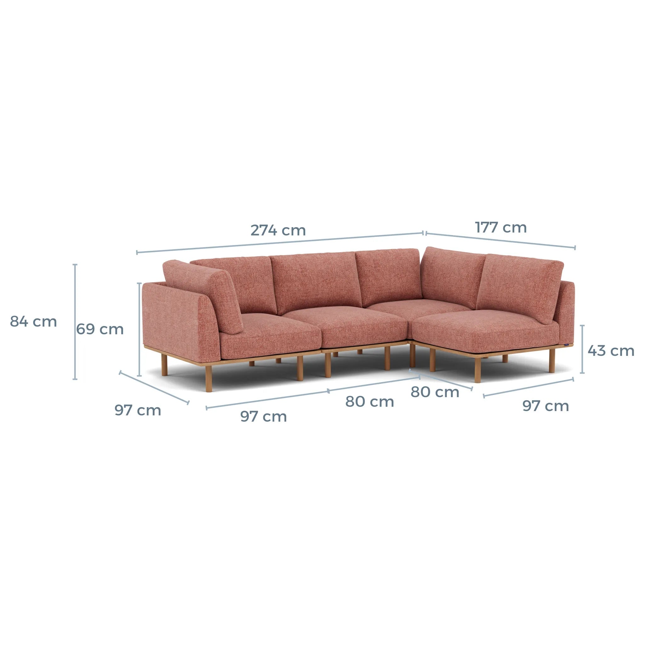 Anika Modular Sofa 4-Seater Corner Clay Pink Fabric Solid American Oak